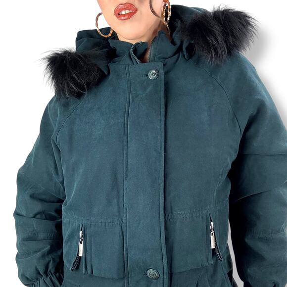 Vintage 90's deep cyan microsuede water repellant coat with fox fur trim hood - Picture 7 of 16